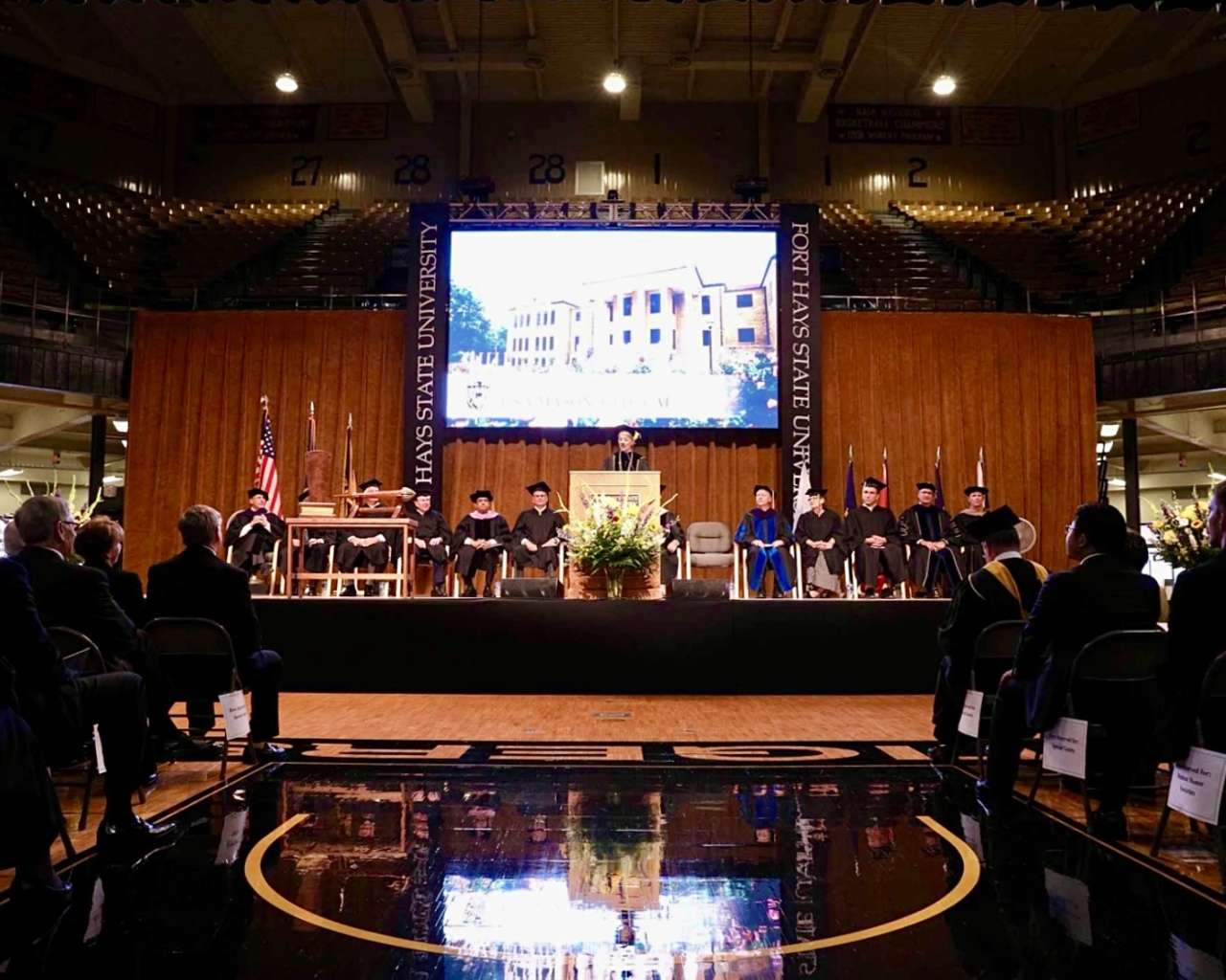 Fort Hays State University President Tisa Mason giving her inaugural address in 2018 at Gross Memorial Coliseum. Courtesy photo