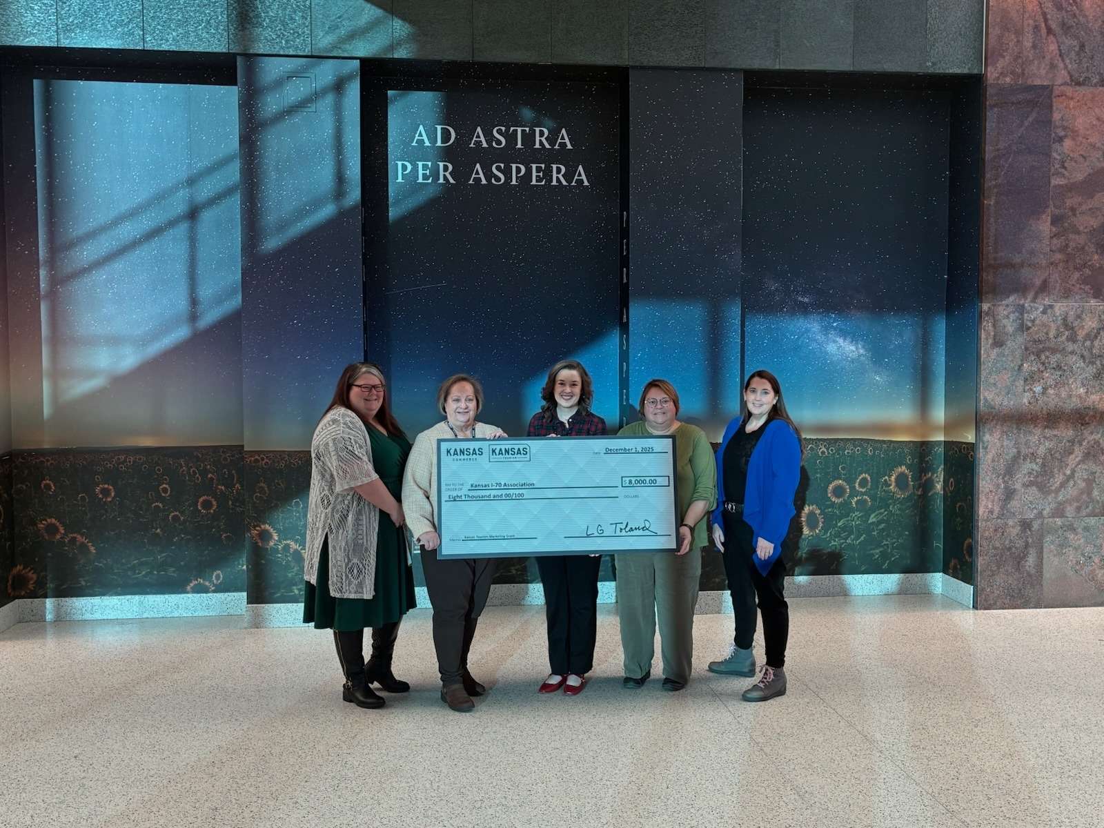 Award Photo -&nbsp;Pictured Left to Right: Melissa Sowers (Visit Topeka), Bridgette Jobe (Kansas Tourism), Julie Roller Weeks (Visit Abilene and Kansas I-70 Association President), Megan Gilliland (City of Bonner Springs and Kansas I-70 Association Vice President), and Beth Ansell (Visit Shawnee and Kansas I-70 Association Coordinator).