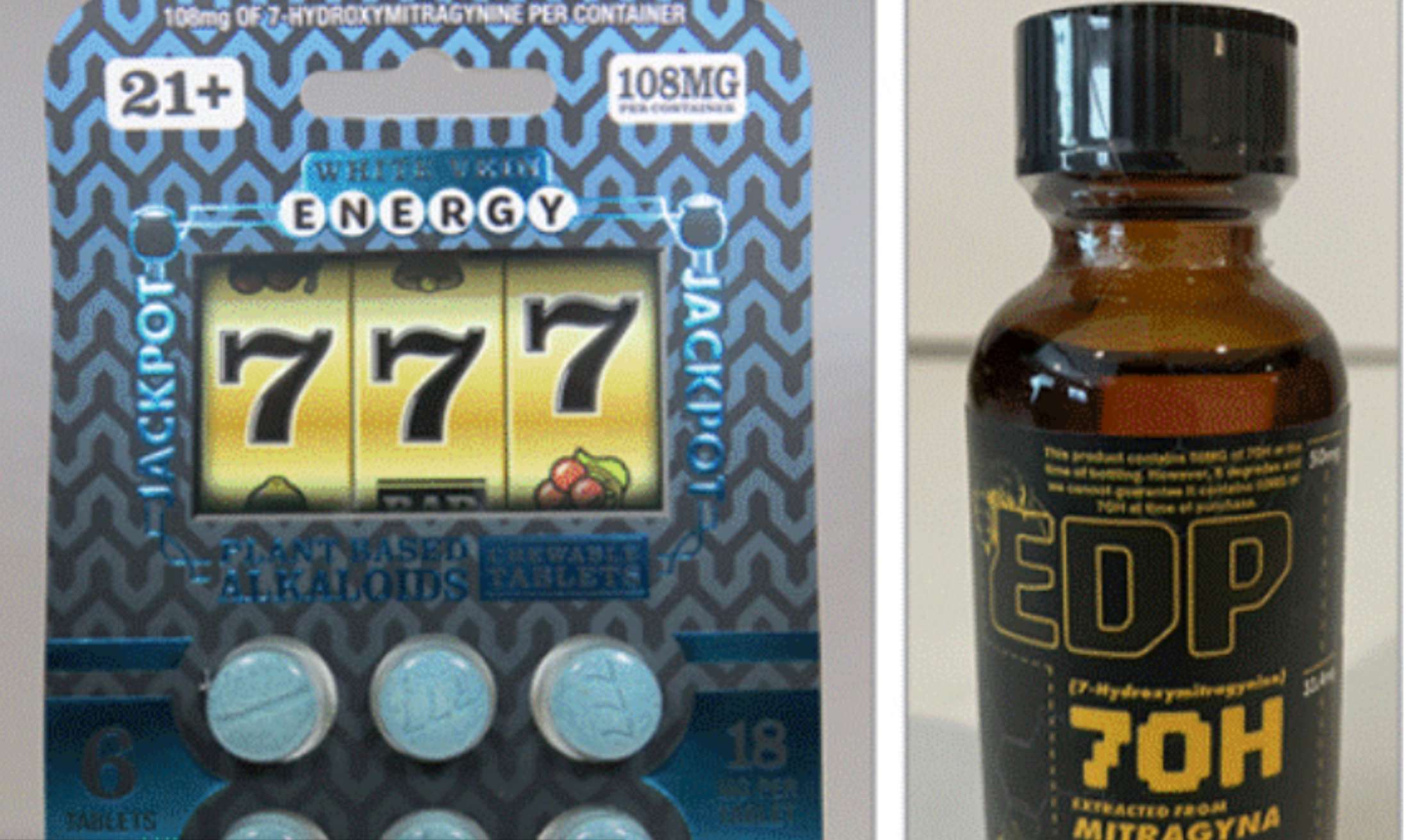 Federal agents seized thousands of 7-OH products from Kansas-city area warehouses on Dec. 2, including these 7-OH tablets that have opioid effects (photo courtesy of the FDA).