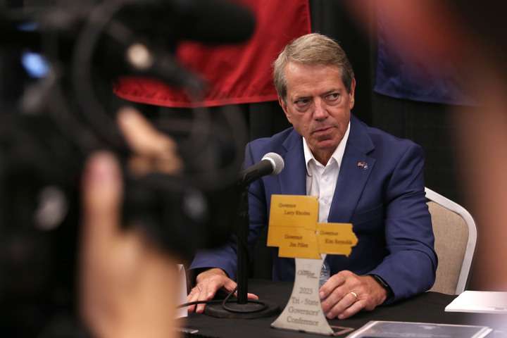 Nebraska Gov. Jim Pillen listens during a summit of the governors of South Dakota, Iowa and Nebraska with business leaders in the Sioux City area. (Makenzie Huber/South Dakota Searchlight)