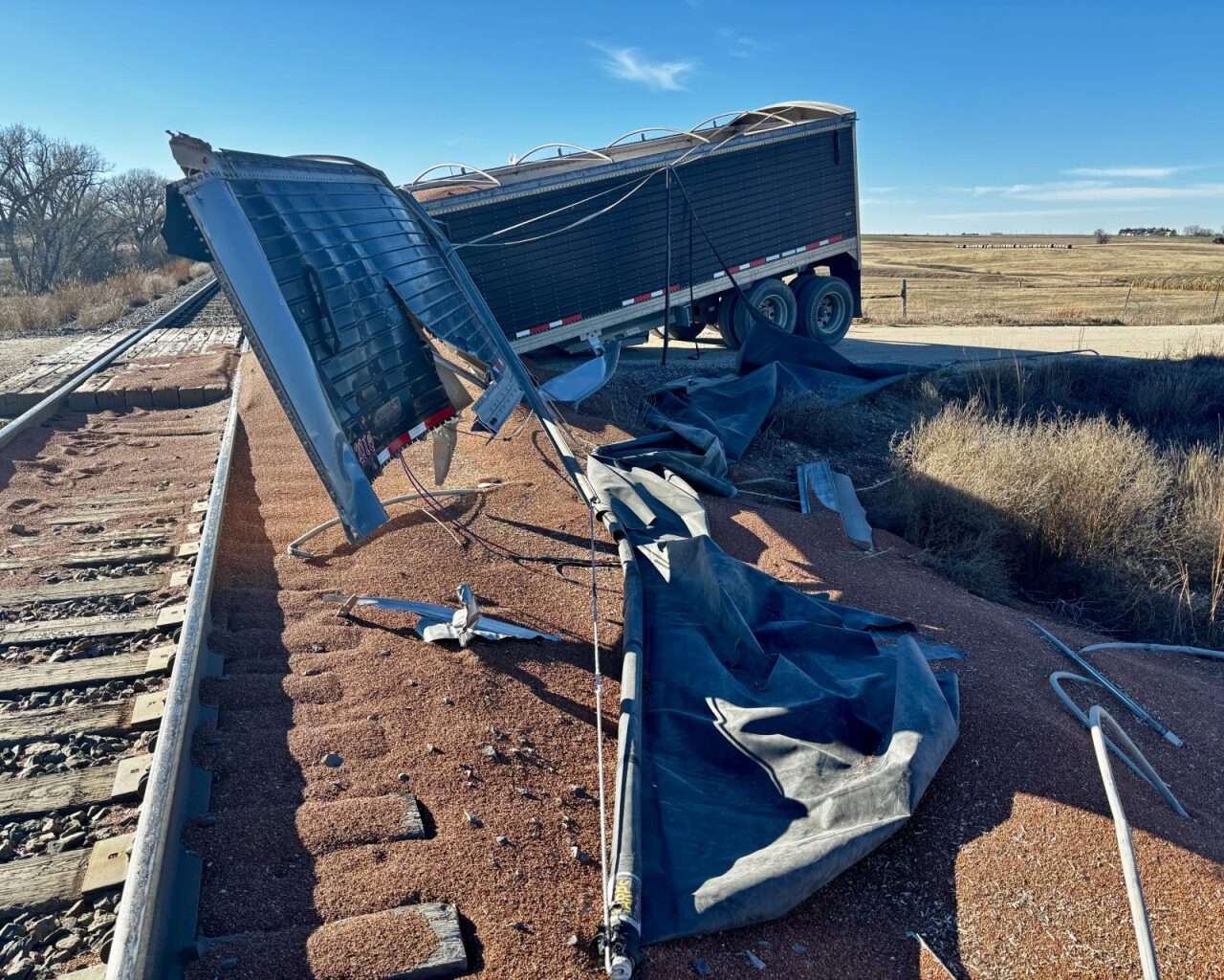 The aftermath of a train colliding with a semi-truck at Vincent Road and Old Highway 40 east of Victoria. Photo by Tony Guerrero/Hays Post