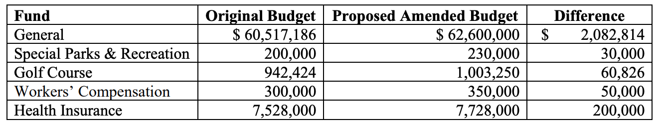 City of Salina 2025 Amended Budget table from the Dec. 8th's City Commission agenda