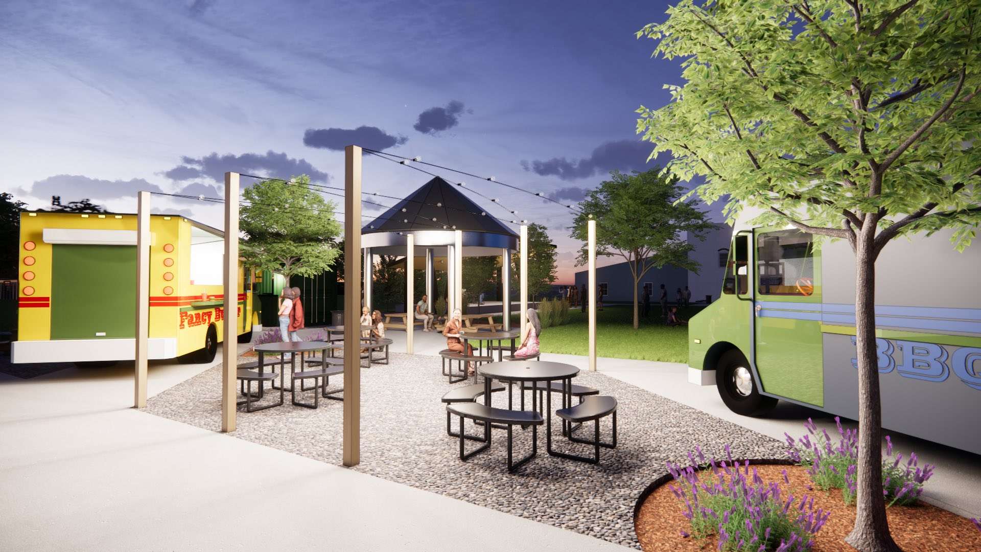 Seating areas near food truck stalls at The Yard in downtown Plainville. Courtesy photo