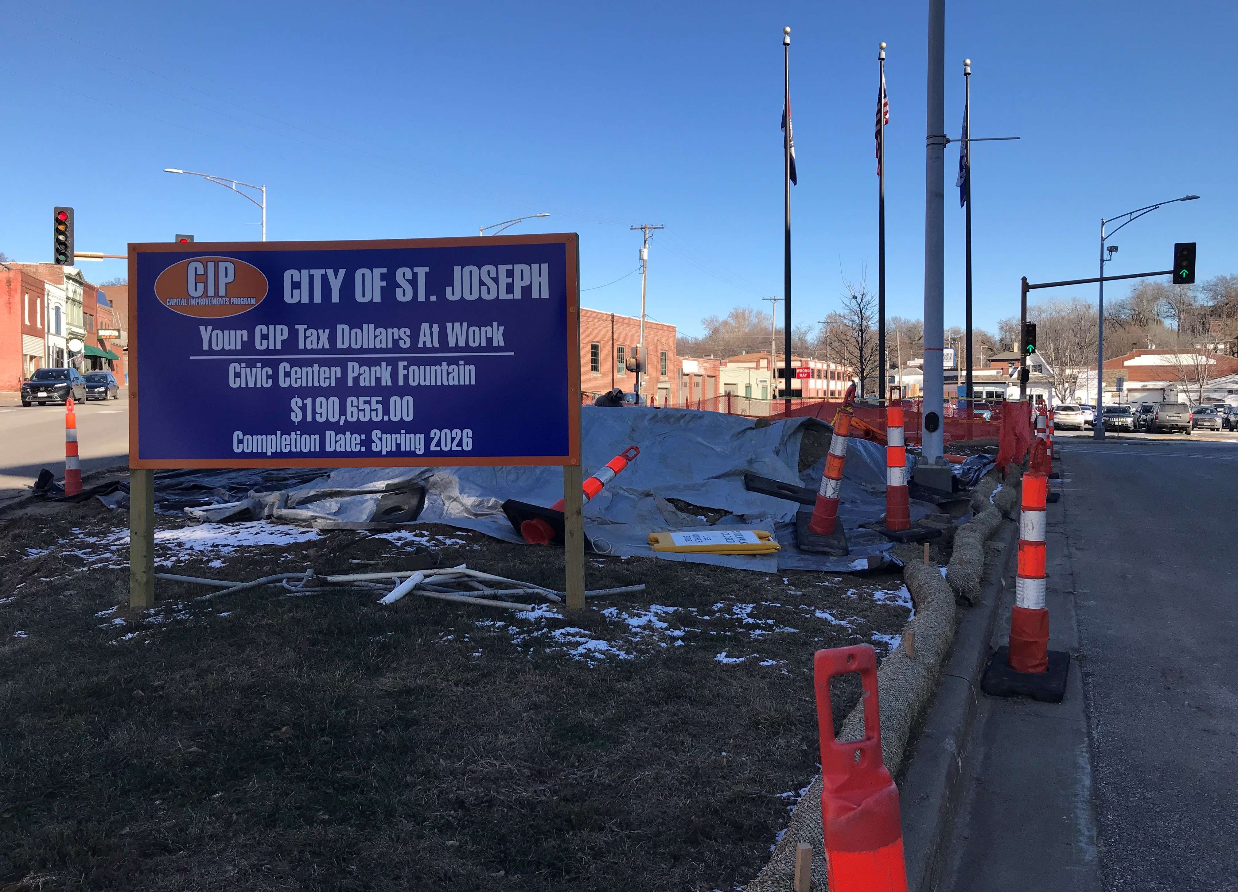 Reconstruction of the front berm, fountain, and statute are underway/Photo by Brent Martin