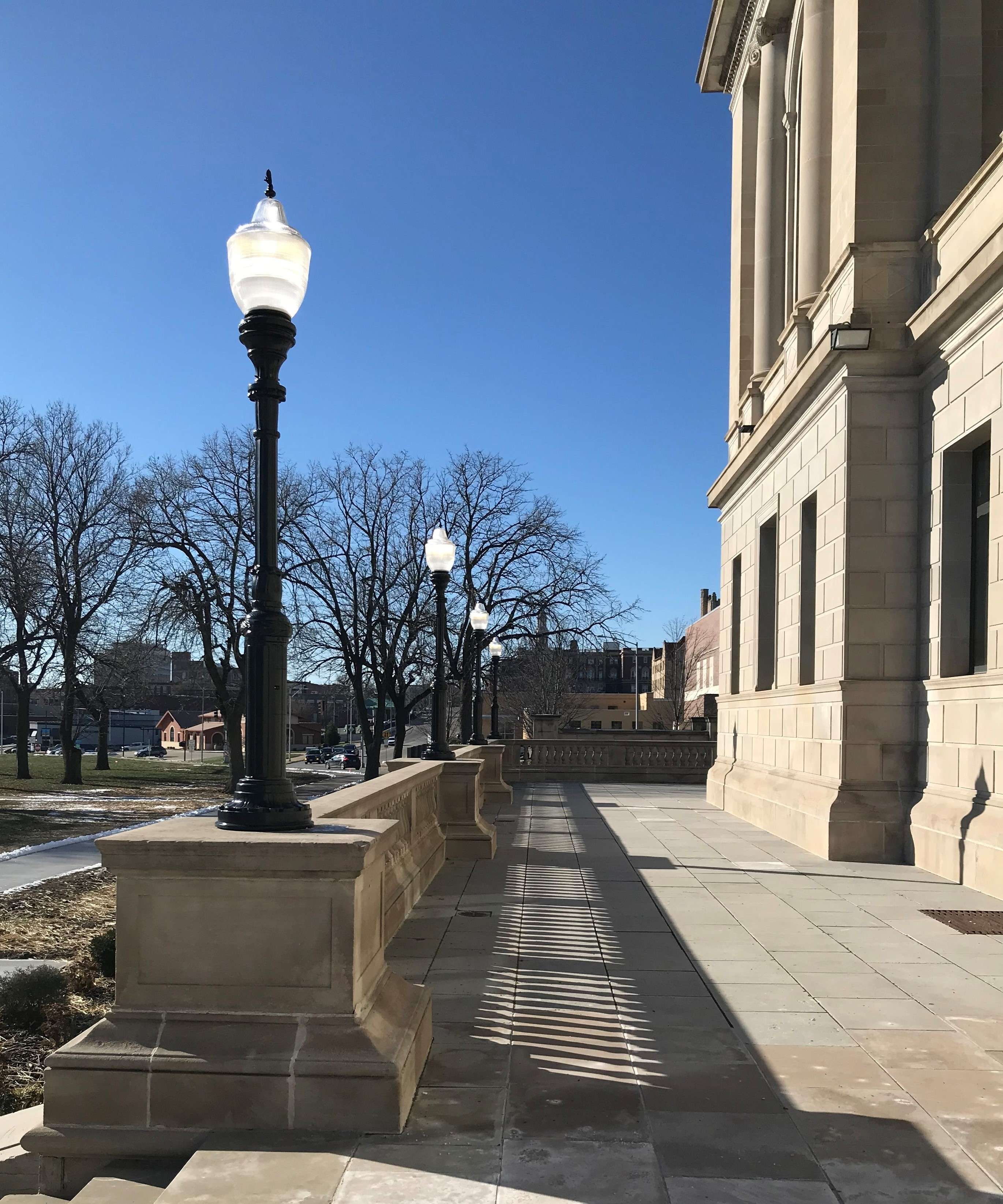 New lampposts on the back porch of City Hall/Photo by Brent Martin