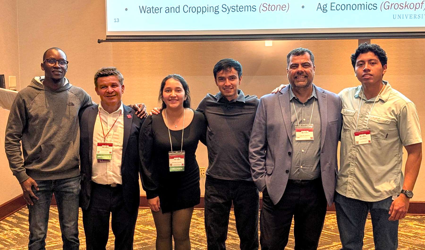 Interns from UNL and North Dakota State University (NDSU) assisted in setting up and organizing the international meeting's events. From left: Esau Higenyi (UNL intern), Carlos Urrea, Valeska Fuentes (UNL intern), Joel Guananga (UNL intern), Juan Osorno (NDSU, BIC President), Erick Sanum (NDSU intern), not pictured Cody Kaarstad (UNL research tech). Courtesy Photo