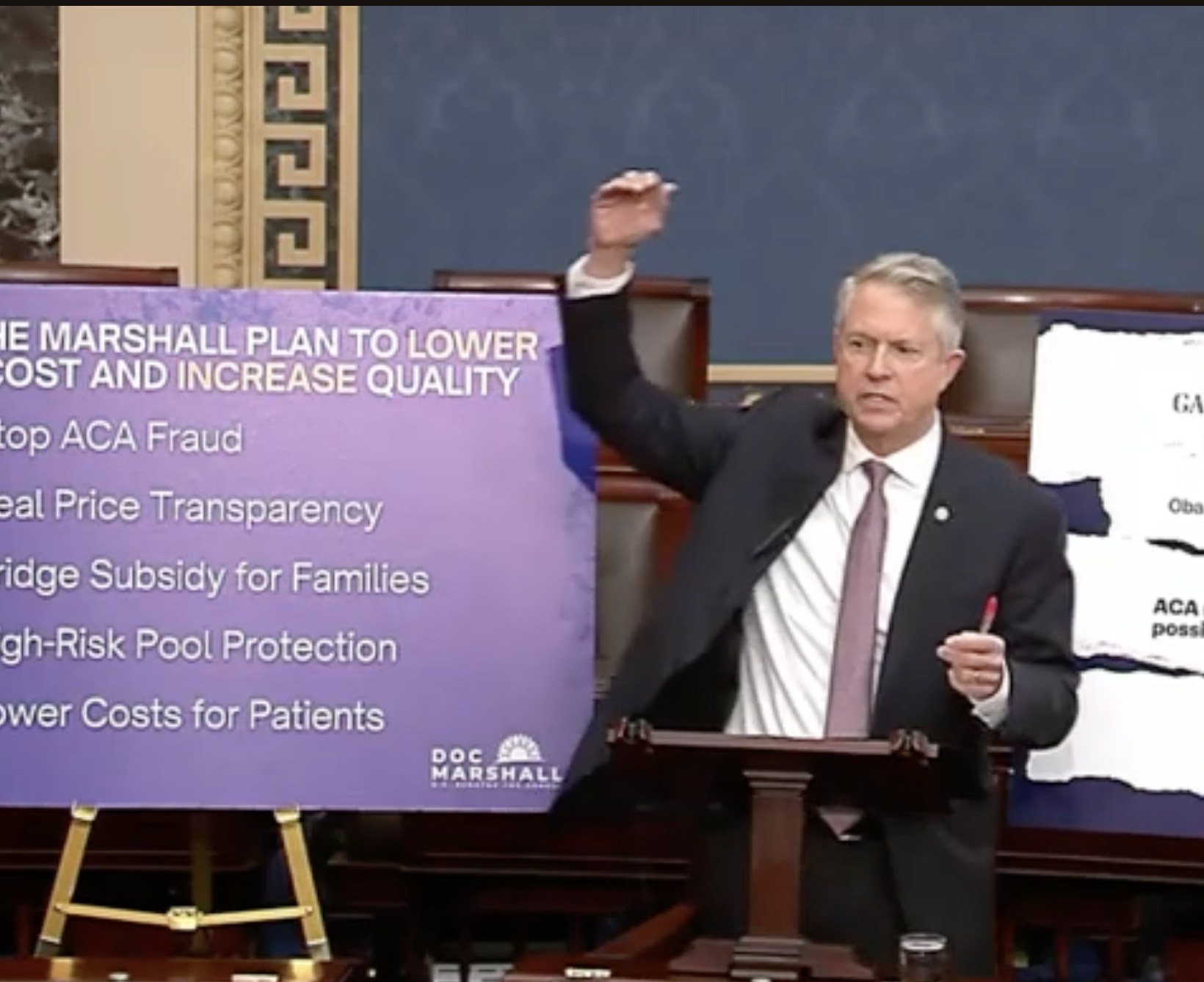 Kansas U.S. Senator Roger Marshall explaining his healthcare plan -image from CSPAN video