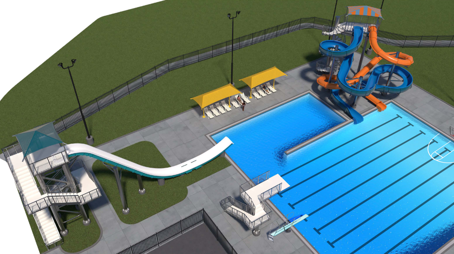 The approved pool design keeps the current play feature and adds several more. The 34-foot-tall fly-time slide will have its own 13-foot-deep pool so that nearby diving boards can be used at the same time.