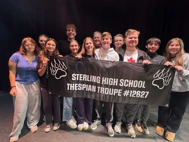 Sterling High School inducted 13 charter members of the new Thespian Troupe last week. They are (left to right) Kayle Ann Higgons, Jenna Connard, Natalie Williams Trace Deshon, Jaiden Jaeger, Kate McGlynn, Greg McGlynn (teacher) James McGlynn, Isaac Dyson, Chris Childes Lathem Kizzar and Sydney Roelfs. Members not pictured are Danica Zimmerman and Shepherd Levy. 