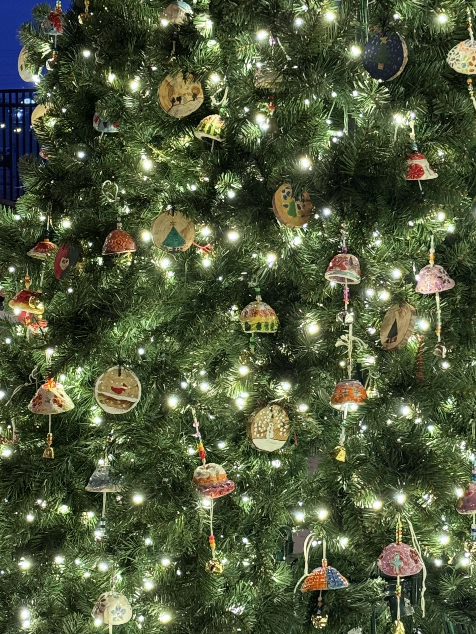 Handmade student ornaments on the Christmas tree at the Pavilion in downtown Hays. Photo by Lee Ann June