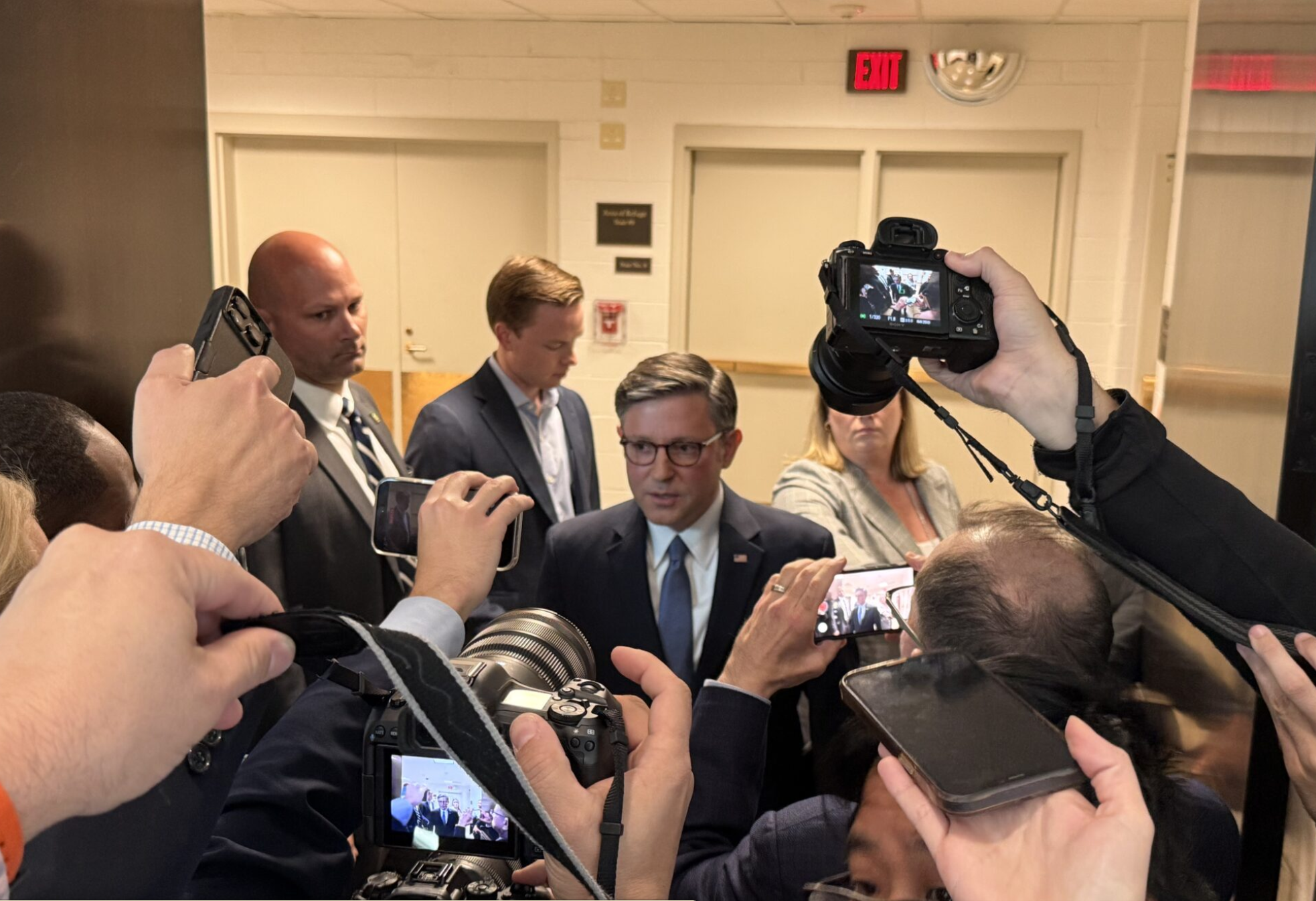 U.S. House Speaker Mike Johnson, R-La., talks with reporters inside the U.S. Capitol on Tuesday, Oct. 21, 2025. (Photo by Jennifer Shutt/States Newsroom)
