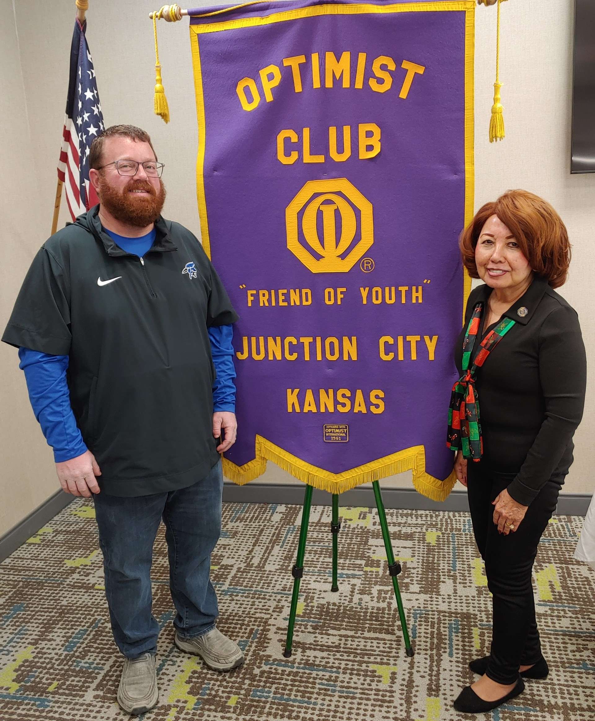 Pictured left to right are Aaron Yoder, CTE Instructor and Skills USA sponsor and Nita Miller, JC Breakfast Optimist Club President. Not pictured were: Abigail Pankow and Kennedy Moreland.
