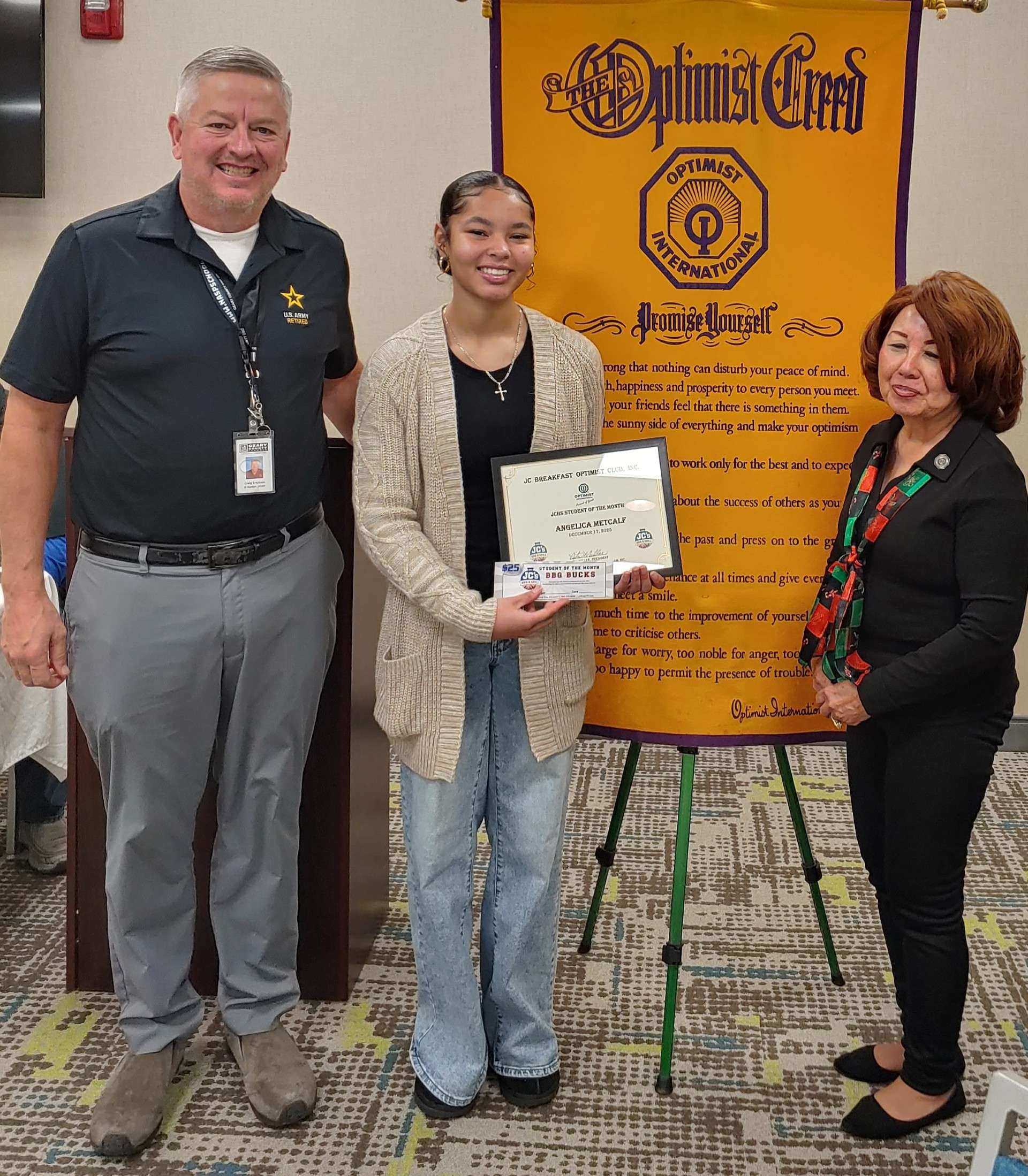 Pictured left to right: CSM (Retired) Craig Erickson; Angelica Metcalf, Optimist Club's JCHS Student of the Month and Nita Miller, JC Breakfast Optimist Club President.