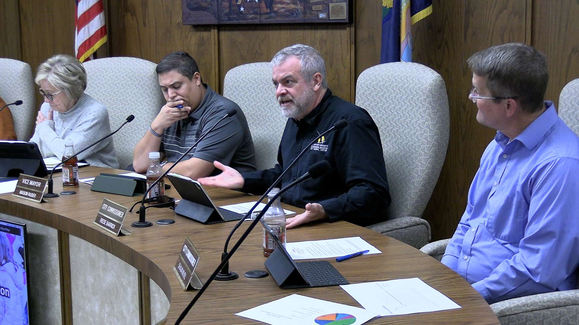 Hays city commissioners at their Dec. 18 work session. Commissioner Alaina Cunningham participated remotely. Photo by Becky Kiser/Hays Post