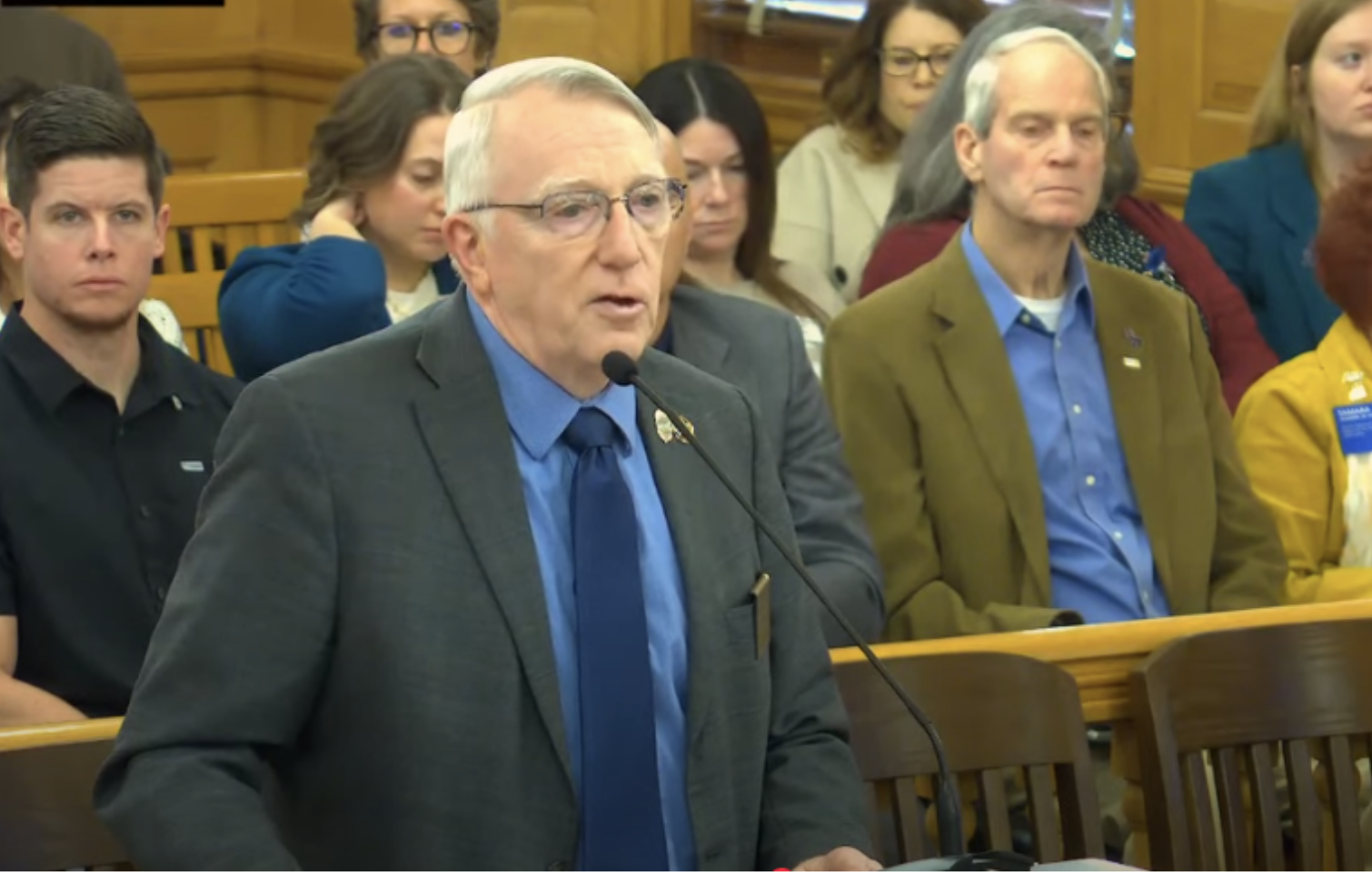  Ed Klumpp, a Kansas lobbyist representing the Kansas Peace Officers Association, said federal regulatory decisions regarding marijuana won't change the drug's status in Kansas unless the state's law changes. (Kansas Reflector screen capture of Legislature's YouTube channel)