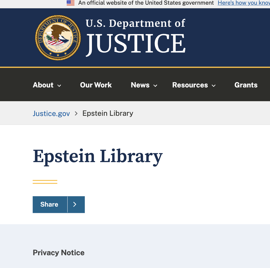 Image from the DOJ web site on Friday Dec. 19, 3p.m. CST.&nbsp; <b>The DOJ acknowledged to Congress that the file release is incomplete and expects additional disclosures by the end of the year.</b>