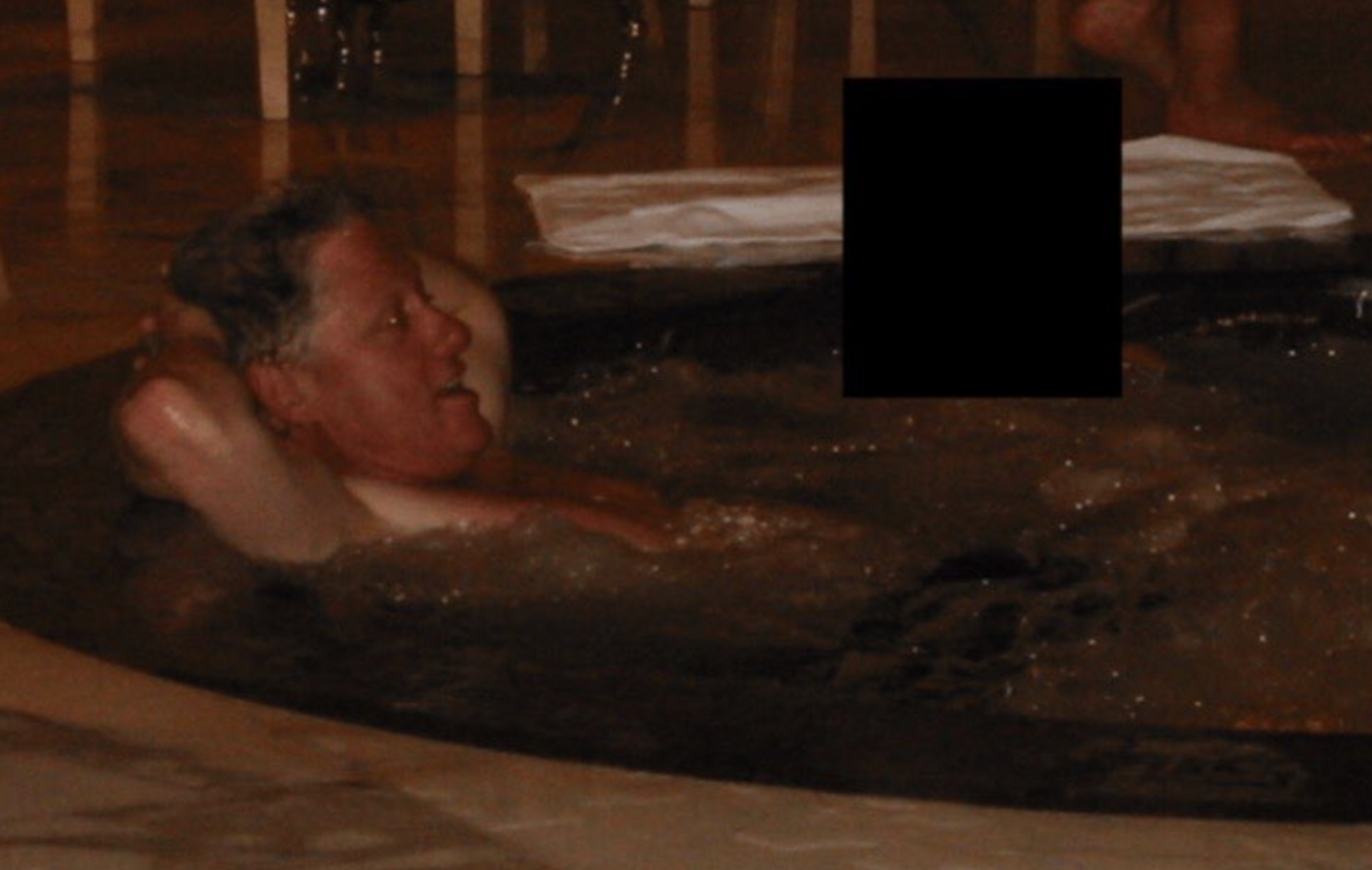  Bill Clinton, in a hot tub, with a redacted figure-&nbsp;Per the Epstein Files Transparency Act, DOJ was specifically instructed only to redact the faces of victims and/or minors.&nbsp;&nbsp;Image released by the Dept. of Justice
