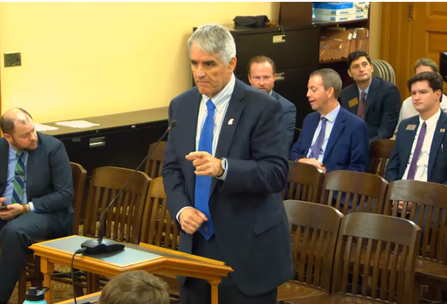  Roy Jensen, director of the KU Cancer Center at the University of Kansas in Kansas City, Kansas, says the overall cost of the facility will rise nearly $80 million to a total of $329 million. (Kansas Reflector screen capture of Kansas Legislature’s YouTube channel)