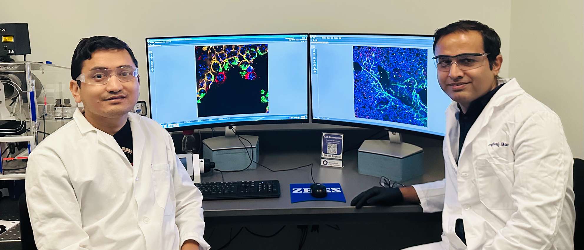 Doctoral student Sandeep Adhikari and Pankaj Baral, associate professor of immunology, are studying how a common asthma drug may help protect infants and young children from RSV and respiratory illness. Photo by KSU