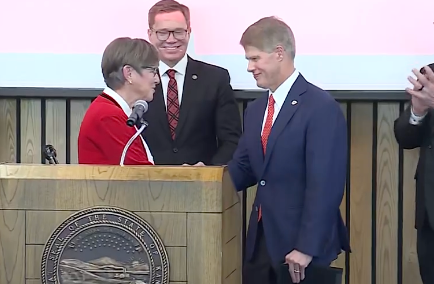 Governor Laura Kelly and Chiefs' owner Clark Hunt during the announcement on Monday in Topeka