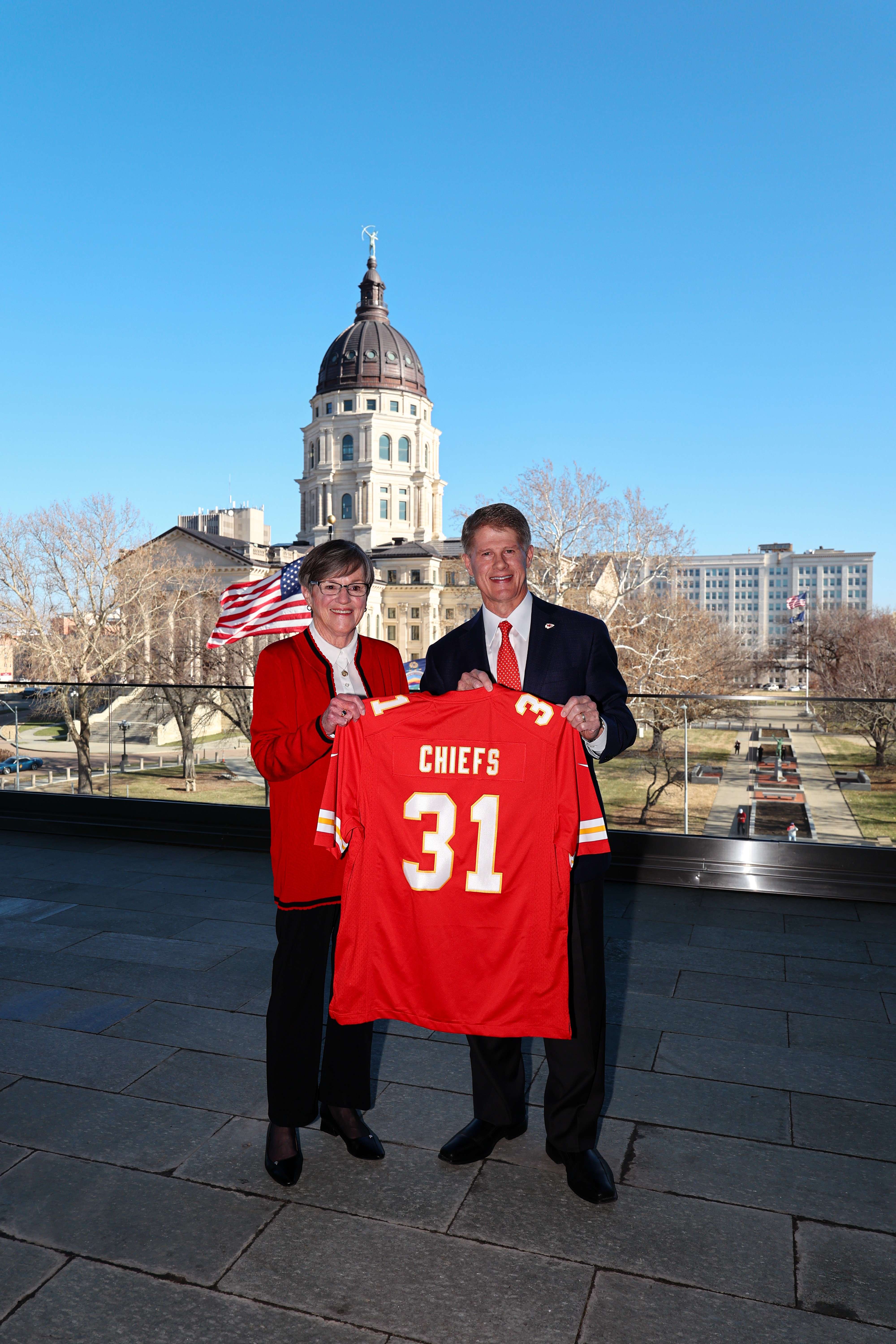 Kansas Governor Laura Kelly and Kansas City Chiefs Chairman and CEO Clark Hunt hold a Chiefs jersey ahead of their announcement of a new stadium in Kansas. (Courtesy photo - Media Release - State of Kansas)