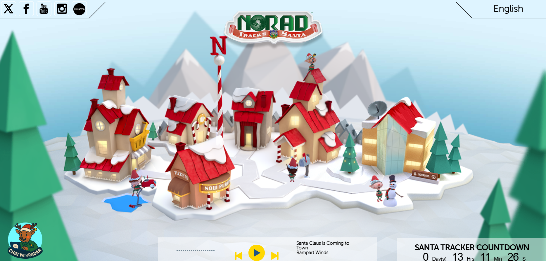 NORAD's website hosts a North Pole Village with The Arcade, with daily games, The Library to learn about Santa, The Theater to watch Christmas videos, The Gift Shop, The Music Stage, and NORAD HQ. 