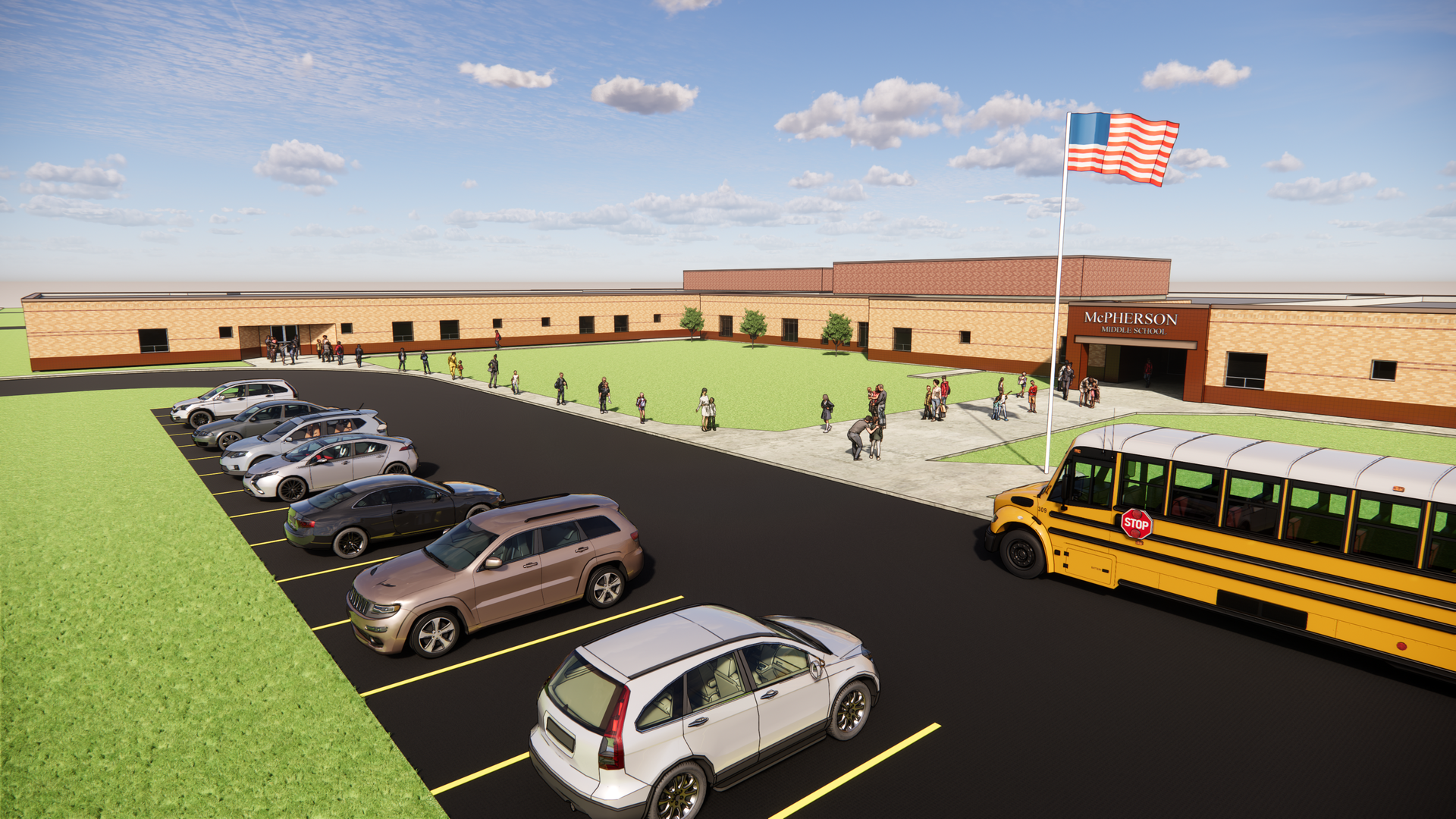 This image shows a general idea of what the building could look like. Final design work will occur after a successful bond election, and details may change based on stakeholder feedback and needs. (Courtesy McPherson Public Schools)