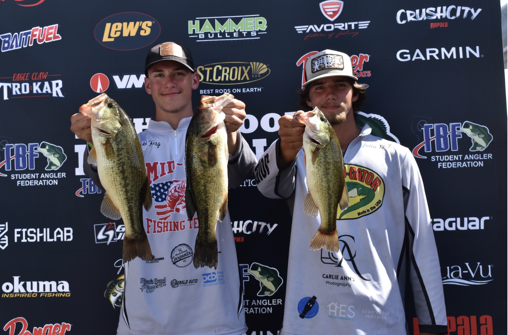 Luke Karg, left, and A.J. Massa hold up their top three fish at the TBF Student Angler Federation High School National Championship, which was held at Oklahoma’s Grand Lake O’ the Cherokees in June (photo submitted).