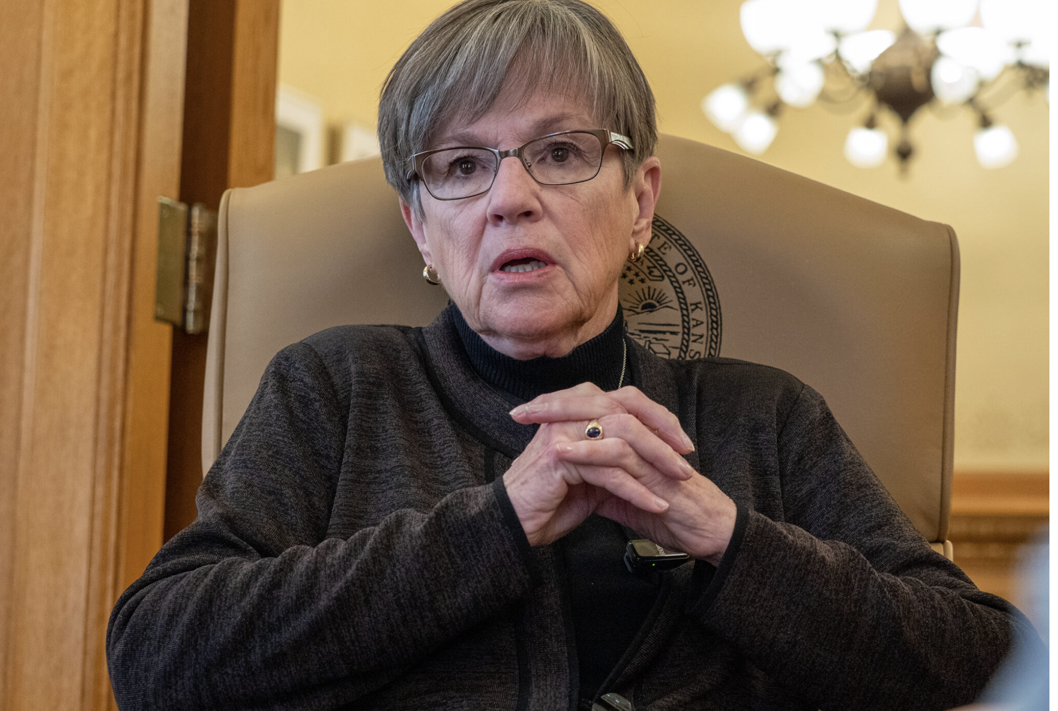  Gov. Laura Kelly, a term-limited Democrat, said her priorities in the 2026 legislative session will be development of a reasonable state budget, launching the new Office of Early Childhood and locking down a statewide strategic plan for use of water resources. In this Dec. 16, 2025, image, Kelly speaks during an interview with Kansas Reflector. (Photo by Sherman Smith/Kansas Reflector)