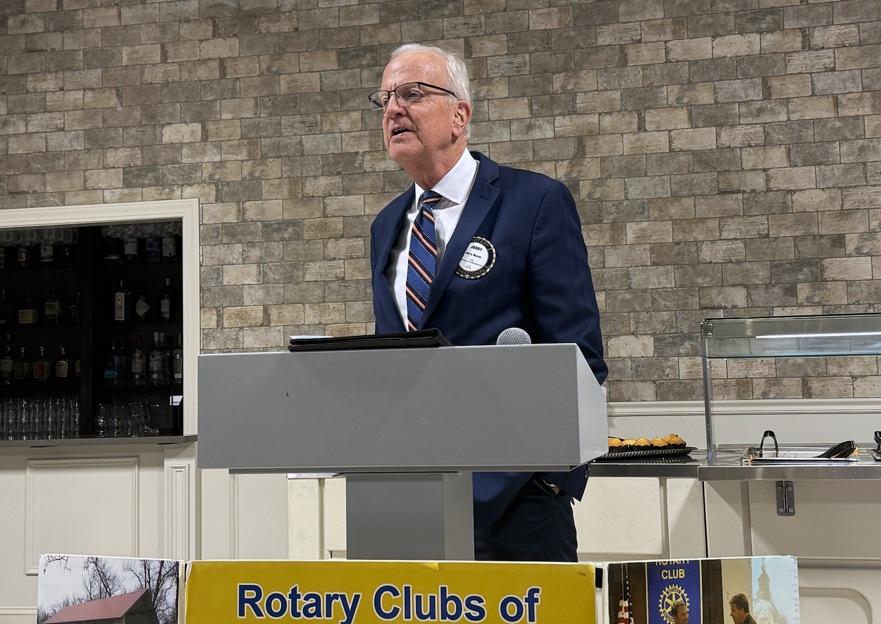 Sen. Jerry Moran, R-Kan., speaks to the Hays Noon Rotary Club about tariffs and national security on Monday at Thirsty's in Hays. Photo by Cristina Janney/Hays Post