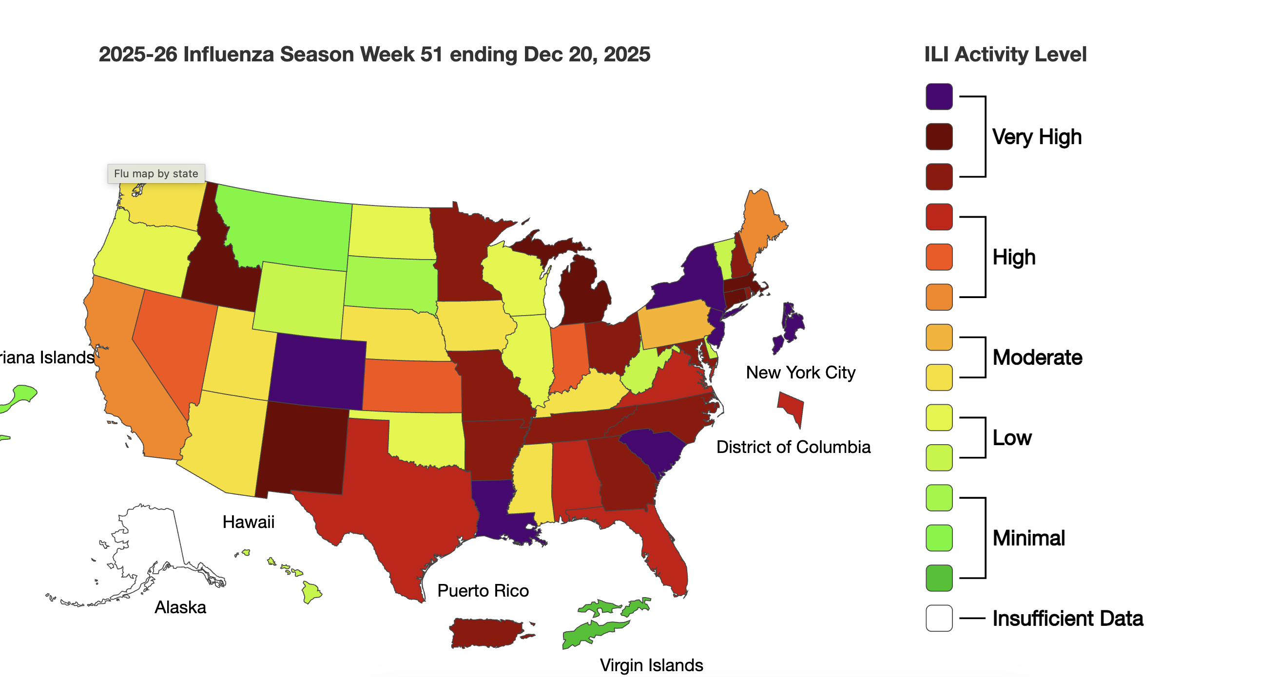 CDC image for the most recent report on flu activity