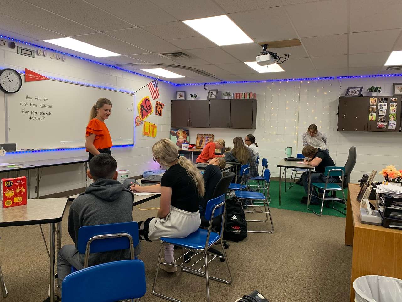 Sydney Linse, standing, in her student teaching classroom in Valentine, Neb. Linse is the first graduate of a 3+1 Ag Education program between Chadron State College and the University of Nebraska Lincoln. (Courtesy photo by Monty Larsen, Student Teaching Supervisor)