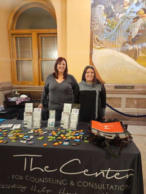 Billie Downum, left, and Holly Bowyer, attend Community Mental Health Center Advocacy Day in Topeka recently. Downum and Bowyer represent The Center for Counseling &amp; Consultation, which serves central Kansas.
