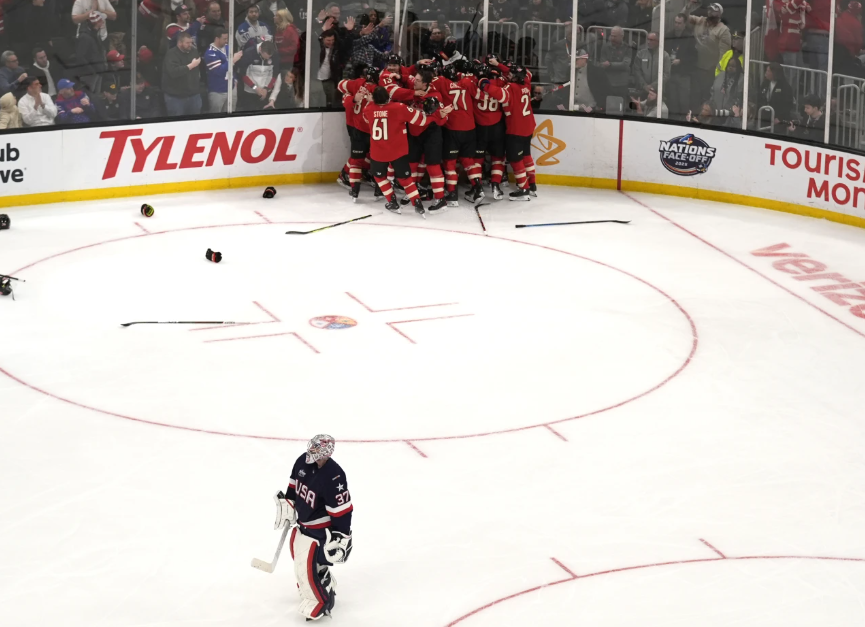 United States goaltender Connor Hellebuyck (37) skates away after an overtime loss to Canada during the 4 Nations Face-Off championship hockey game on Thursday, Feb. 20, 2025, in Boston. (AP Photo/Charles Kupra)