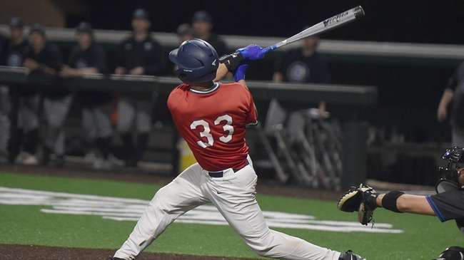 Freshman Anthony Mazza hits a walk-off home run with two outs in the bottom of the eighth inning to lead the No. 21 Blue Dragons to a 4-3 win over Des Moines Area CC on Monday at Hobart-Detter Field. (Sammi Carpenter/Blue Dragon Sports Information)