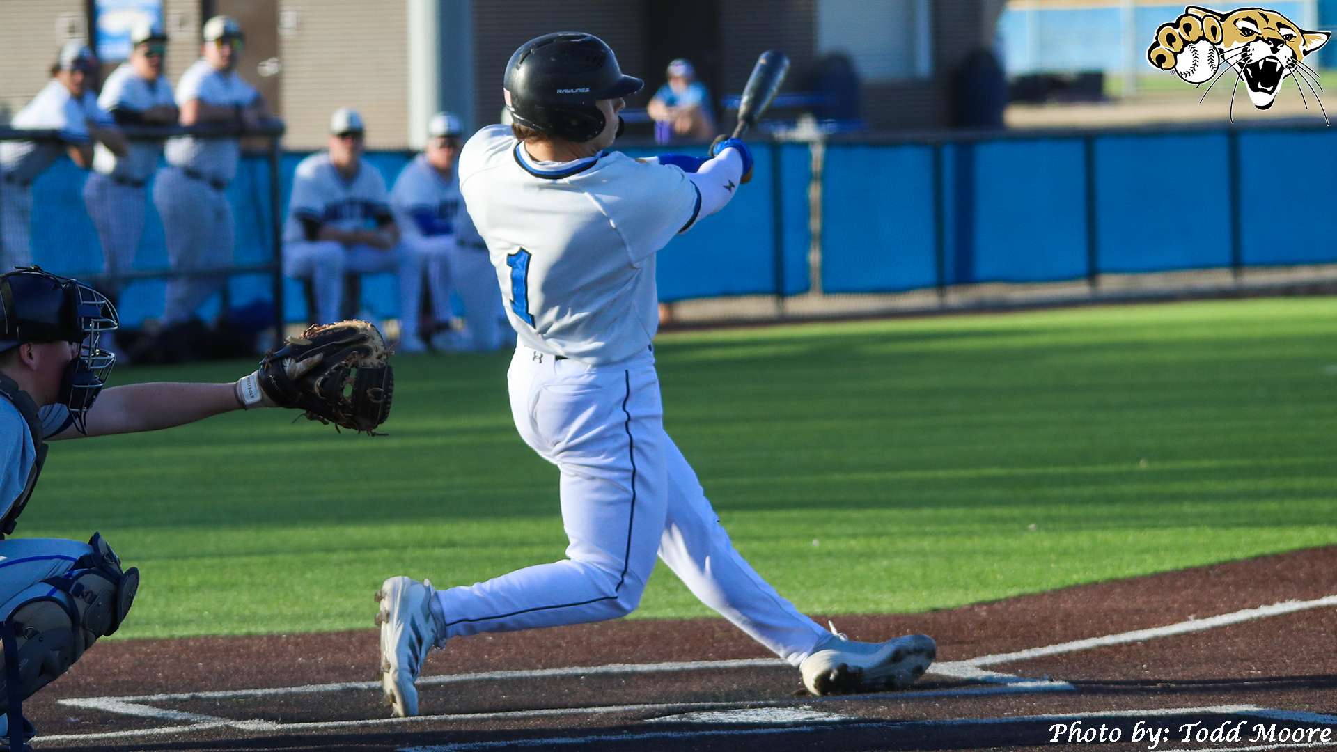 Barton's Carter Helm takes a mighty swing during the Cougars double header with Rose State Tuesday at Lawson-Biggs Field. (Photo-Todd Moore)