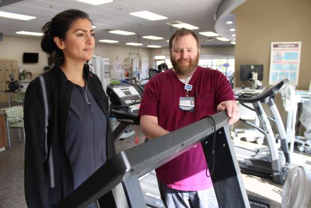 Sayra Santacruz, respiratory therapist, and Dusty Thacker, director of Cardiopulmonary Services at Pawnee Valley Community Hospital, demonstrate supervised exercise therapy for patients with peripheral artery disease.