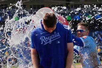 &nbsp;Kansas City Royals starting pitcher Kris Bubic, center, is doused by teammates after their baseball game against the Baltimore Orioles, Sunday, April 6, 2025, in Kansas City, Mo. (AP Photo/Charlie Riedel)