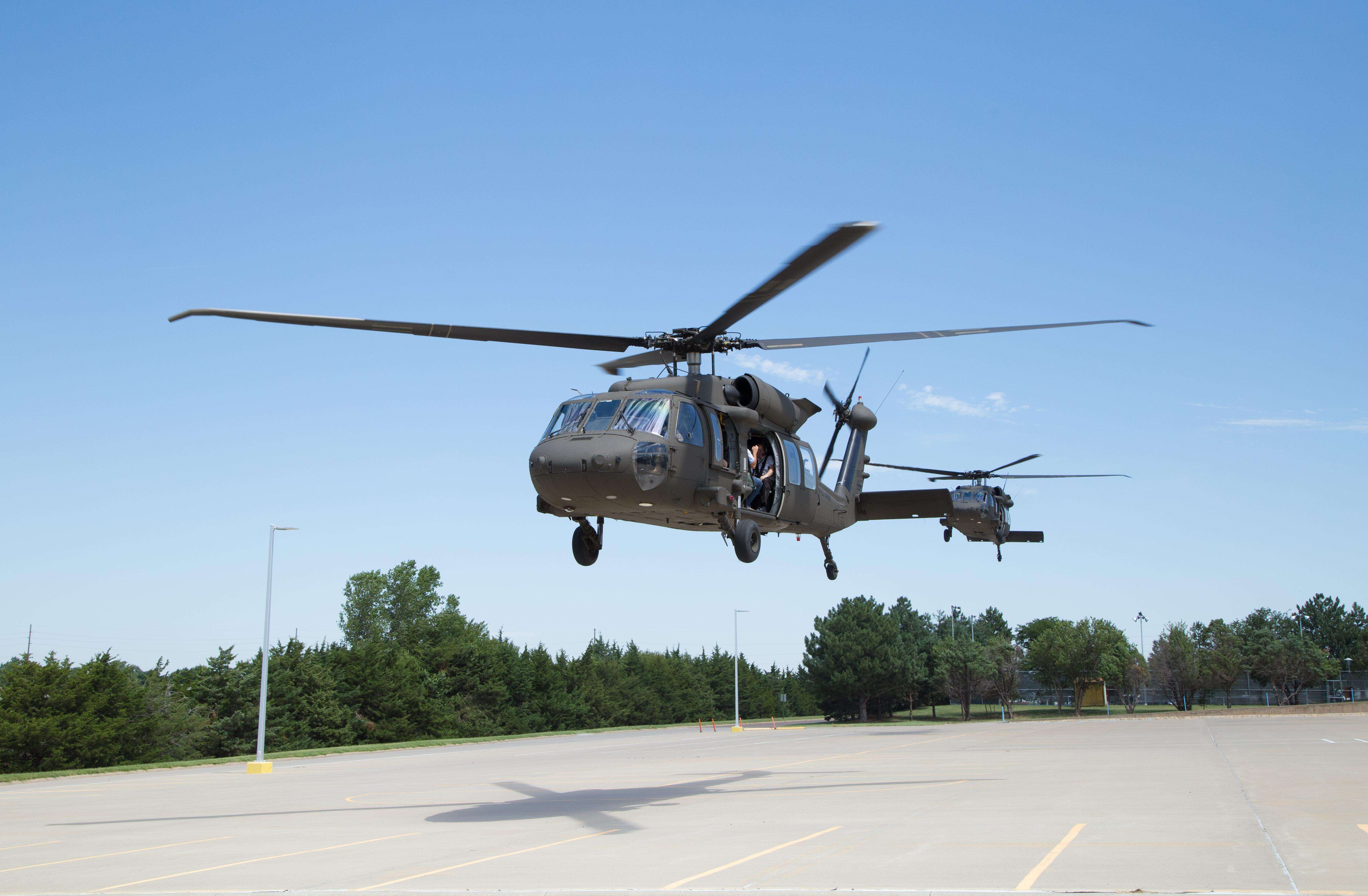 The Kansas Army National Guard lands a Blackhawk helicopter on the Barton County campus at Barton Community College during a visit in 2017 to speak with students about the benefits of career opportunities with the Guard.