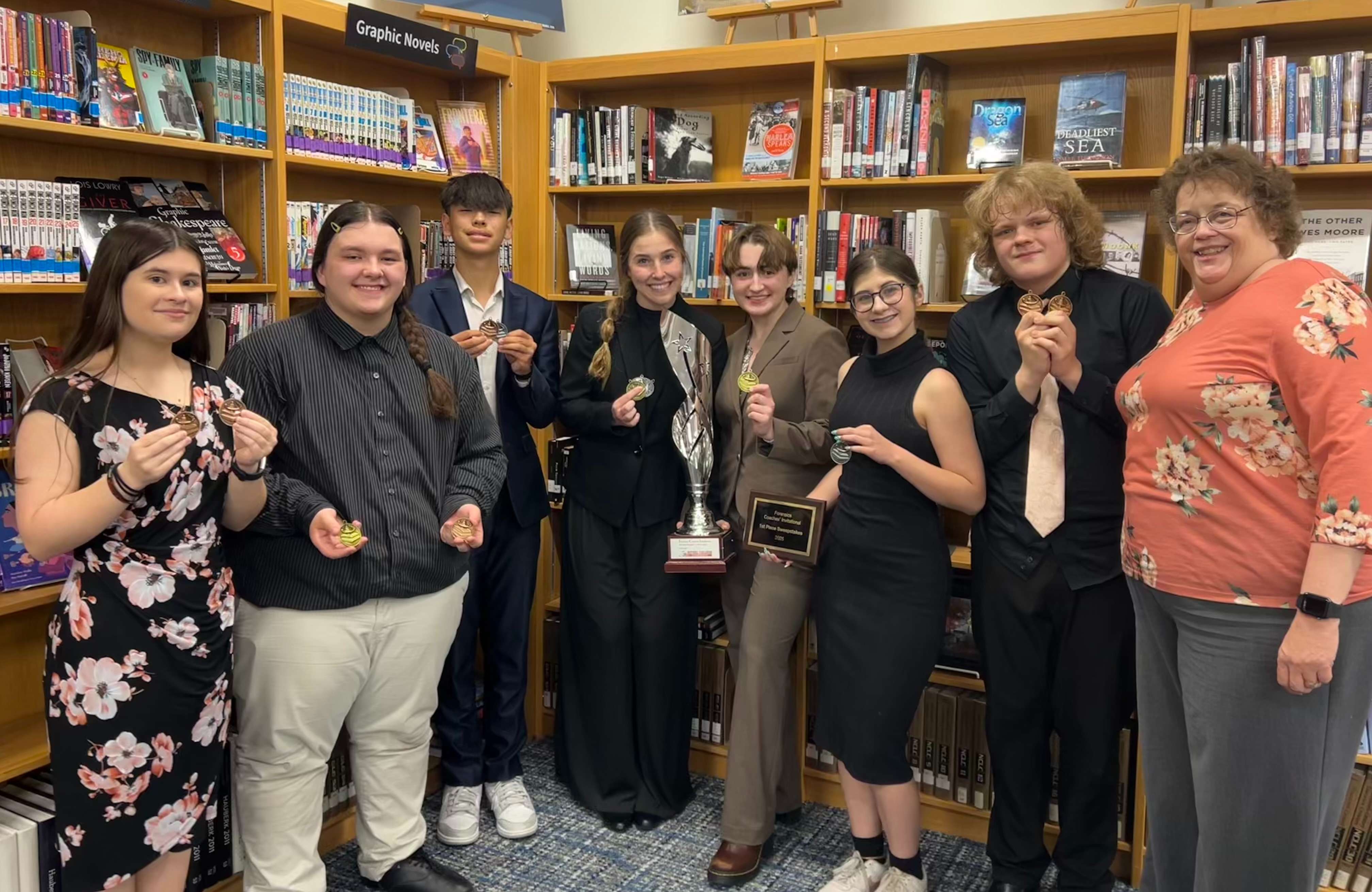 FCI Champions, Kendra Scheideman, Steven Guillory, Parker Coleman, Darcy Feist, Reese King, Anna Bitter, Quinton Heath and coach, Kim Heath