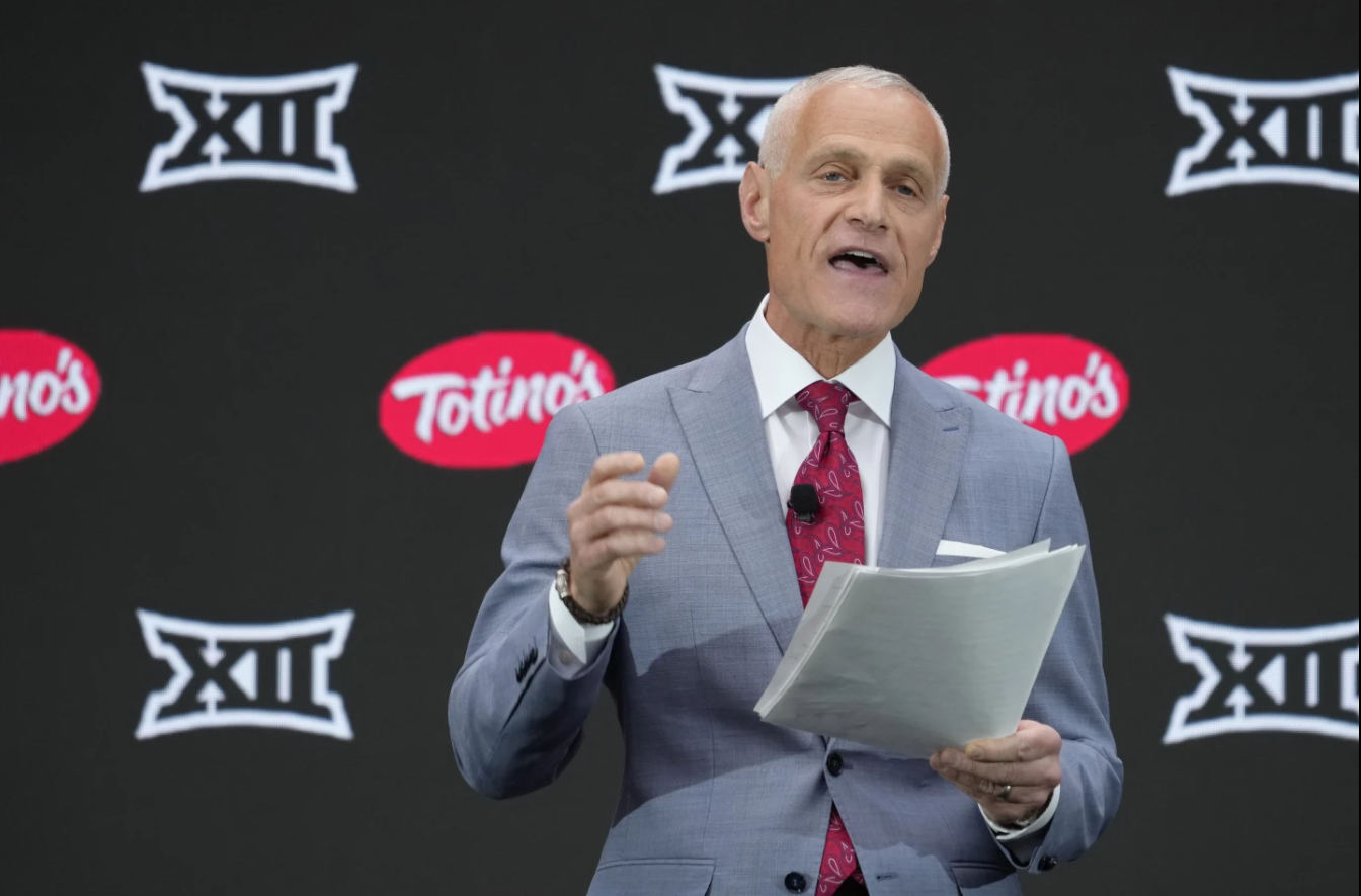 &nbsp;Big 12 Commissioner Brett Yormark speaks during Big 12 NCAA college football media days in Las Vegas Tuesday, July 9, 2024. (AP Photo/Lucas Peltier)