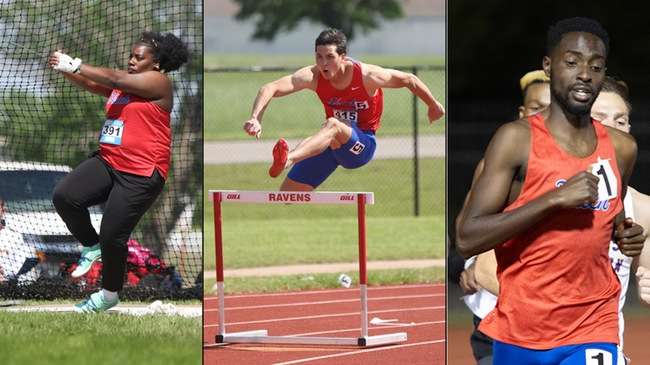 Blue Dragon athletes David Thid (middle), Deisheline Mayer Scott (left) and Titus Kiprotich (right) highlight Day 1 of the NJCAA Division I Outdoor Track and Field Championships on Thursday at Gowans Stadium.