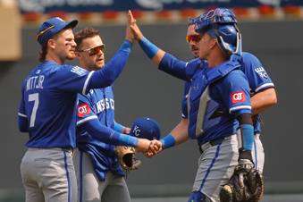 &nbsp;From left to right, Kansas City Royals shortstop Bobby Witt, second baseman Michael Massey, first baseman Vinnie Pasquantino and catcher Freddy Fermin celebrate after their win over the Minnesota Twins in a baseball game Sunday, May 25, 2025, in Minneapolis. (AP Photo/Bruce Kluckhohn)