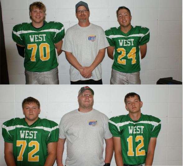 Central Christian School's Keaton Miller (70), coach Matt Barnett and Ry Kooiman (24), top, and Fairfieldās Garrett Lanning (72), coach Kyle Finder and Connor Fowler (12), bottom, pose for photos ahead of the Kansas Eight-Man All-Star Football Game, set for Saturday in Beloit.