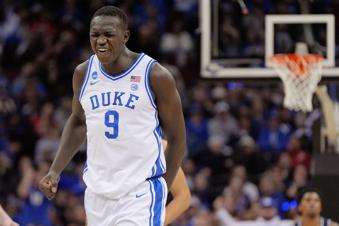  FILE - Duke center Khaman Maluach (9) reacts during the second half of a Sweet 16 round NCAA college basketball tournament game against Arizona, Thursday, March 27, 2025, in Newark, N.J. (AP Photo/Julia Demaree Nikhinson, File)