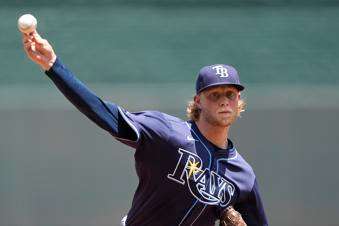  Tampa Bay Rays starting pitcher Shane Baz throws during the first inning of a baseball game against the Kansas City Royals, Thursday, June 26, 2025, in Kansas City, Mo. (AP Photo/Charlie Riedel)