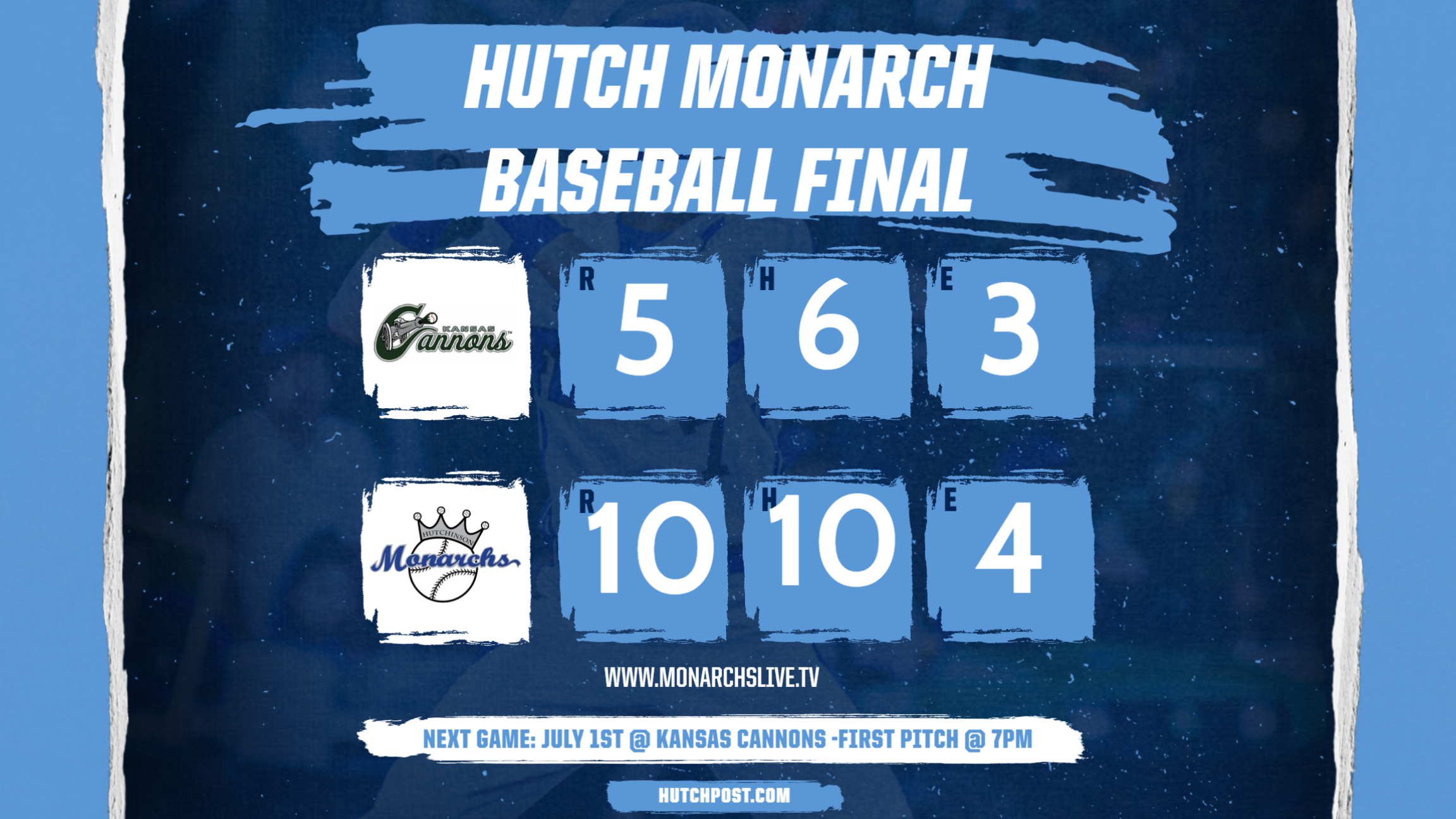 Final - Hutch Monarchs use 5 run 7th inning to defeat the Kansas Cannons Sunday night at Hobart-Detter field.