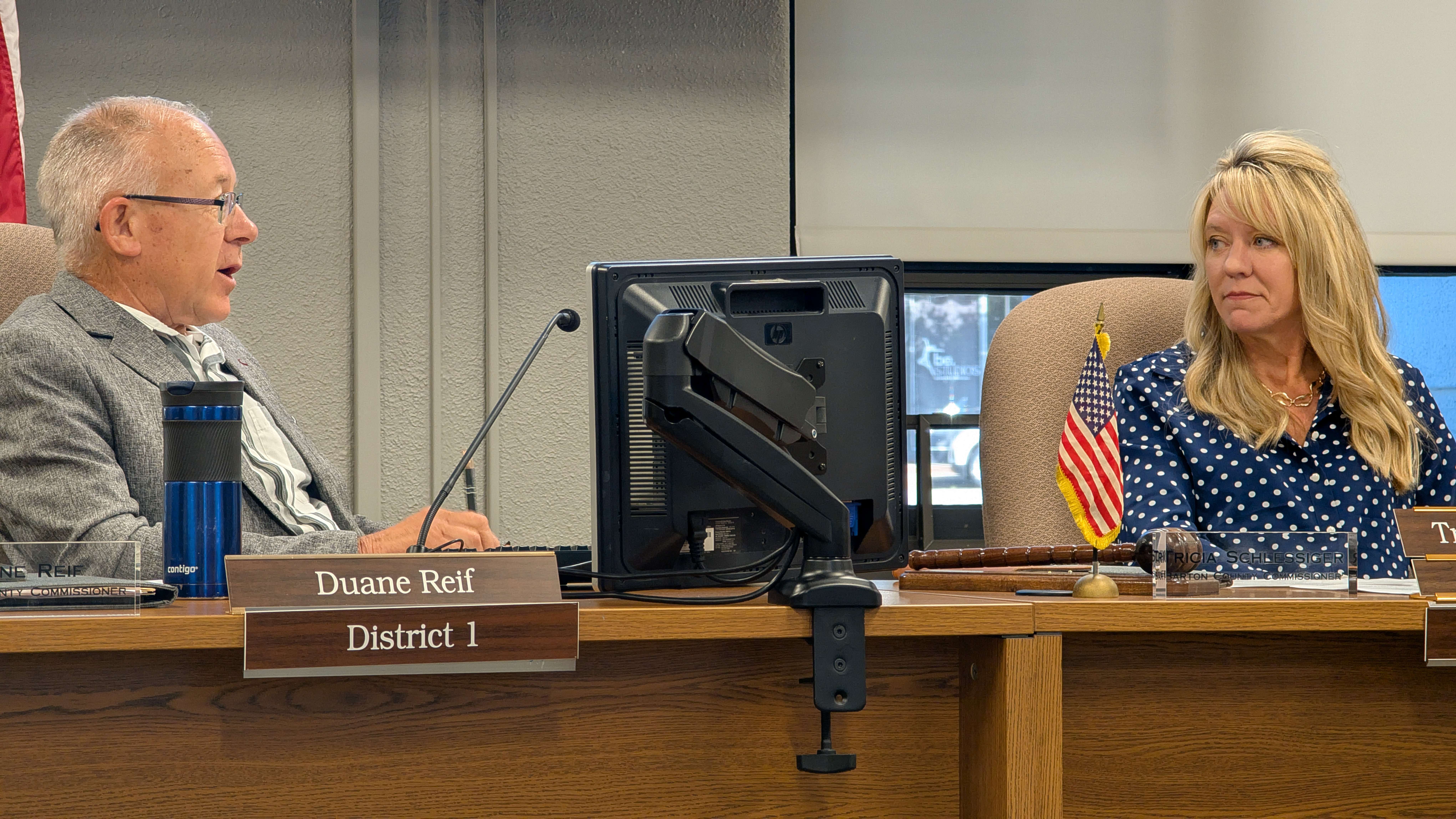 Barton County District 1 Commissioner Duane Reif Tuesday morning offers insights on the Quivira National Wildlife Refuge’s water meeting in St. John to District 4 Commissioner Tricia Schlessiger.