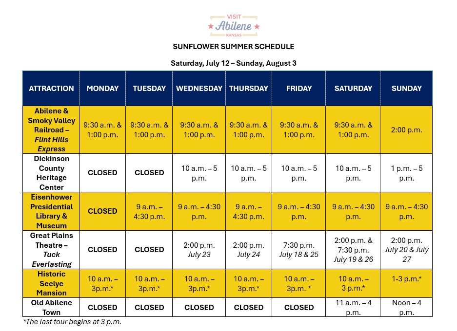 2025 Sunflower Summer Schedule from Saturday, July 19 - Sunday August 3; photo courtesy of Abilene
