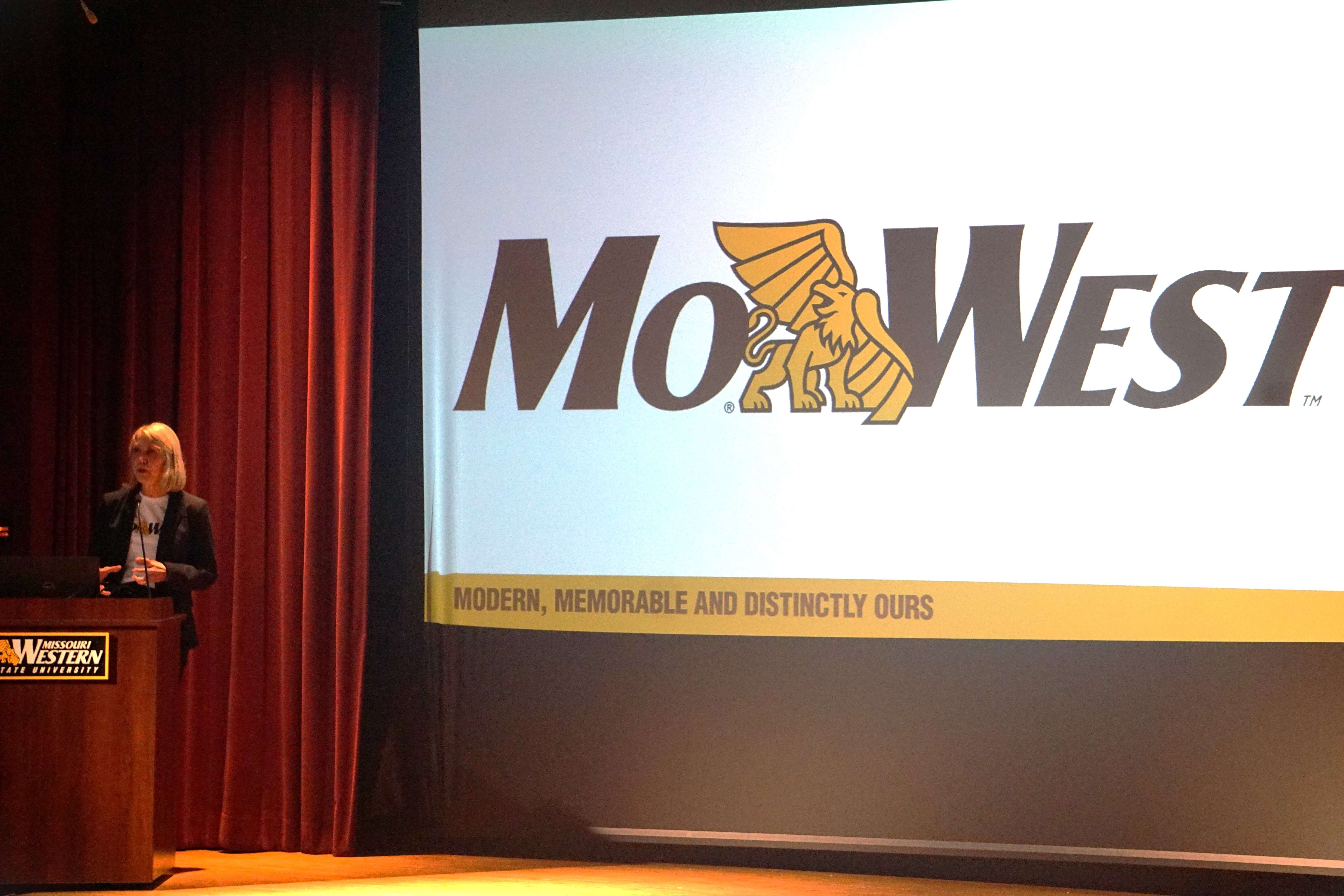 Missouri Western President Elizabeth Kennedy presents the new identity the university will be known by within the community.&nbsp; MoWest will be the new branding for the university when it is talked about/ Photo by Matt Pike